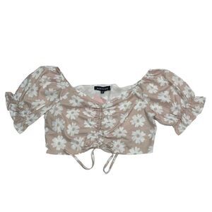 Parisian Women Size 6 Tan Floral Crop Top Shirt Short Ballon Sleeve NWT Festival